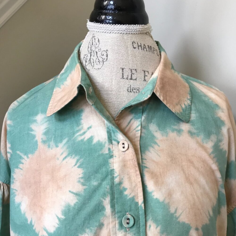 Ulla Johnson Alejandra Shirt Shift Dress Womens 6 Teal Green Tan Long Sleeve - Picture 5 of 12